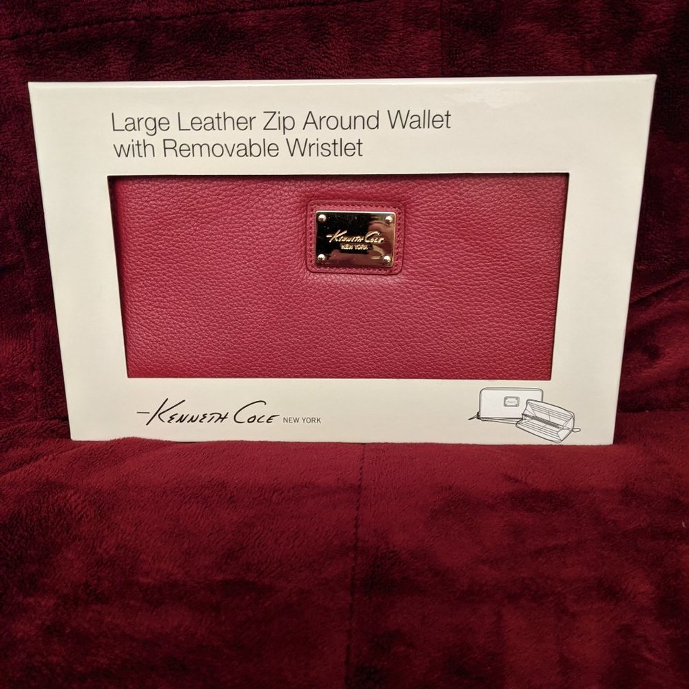 Kenneth Cole Red Leather Large Zip Around Wristlet